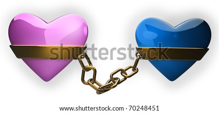 Pink and blue heart  gold chain isolated on white 3d render