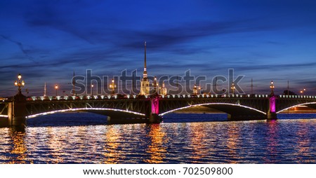 Panoramic view on Trinity bridge and Peter and Paul fortress, Neva river, Saint-Petersburg, Russia