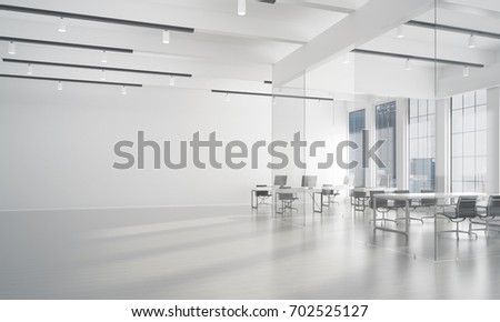 Modern empty elegant office with windows and workplaces. Mixed media