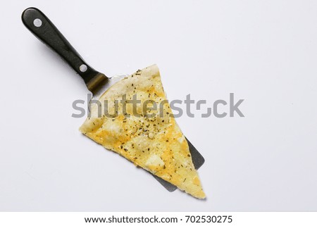 Hot piece of cheese pizza on a white background
