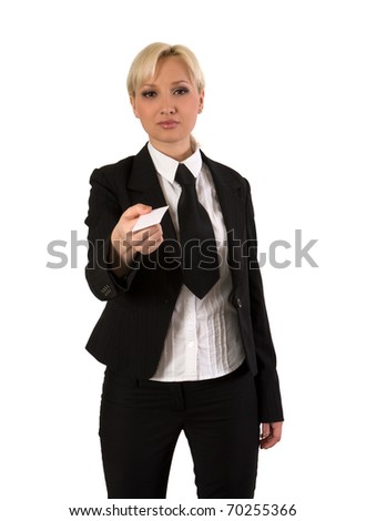 Blonde girl stretches out his hand with a business card.