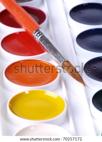 Color photo of watercolor brushes in a white box