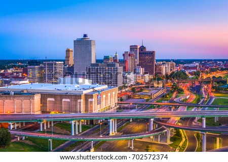 Memphis, Tennessee, USA downtown skyline at dusk.