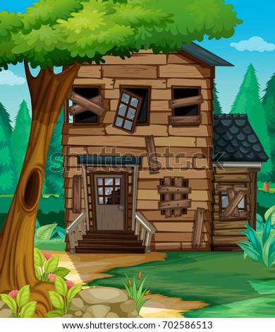 Wooden house with bad condition in jungle illustration