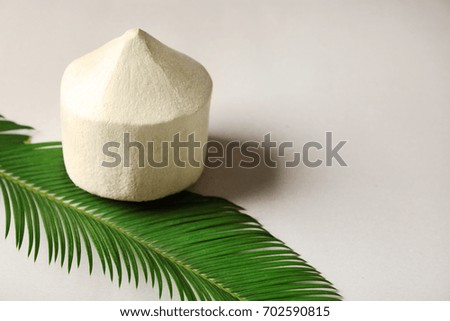 Fresh coconut and palm leaf on white background