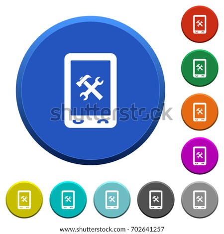 Mobile maintenance round color beveled buttons with smooth surfaces and flat white icons