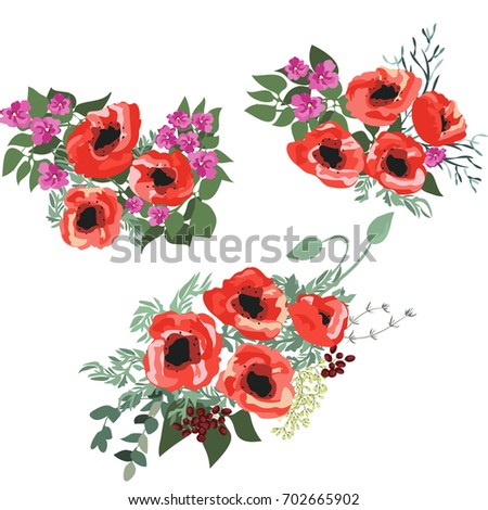 Floral arrangements in small wild flowers of poppy. Set of country style bouquet. Rustic chic. Use for textile design, wallpaper, covers, surface, print, gift wrap, scrapbooking, decoupage.