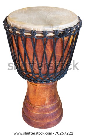 djembe, african percussion, handmade wooden drum with goat skin, ethnic musical instrument of carved wood and leather membrane, isolated with clipping path Royalty-Free Stock Photo #70267222