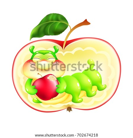 funny cartoon caterpillar with small red apple inside big red apple