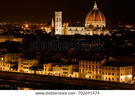 Cathedral Santa Maria of Flowers by Night - Piazza Michelangelo, Florence, Tuscany, Italy, Europe Above the river banks,  the huge Cathedral shows its beautiful lights during the night.