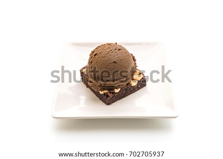chocolate brownies with chocolate ice cream isolated on white background