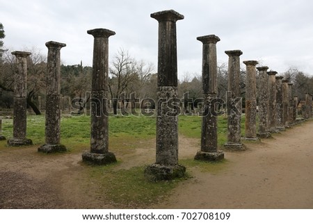 Doric columns of the ruins of a temple in ancient Olympia