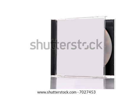 a compact disc in the box, isolated on white background with reflection. Almost closed box