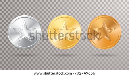 vector golden, silver and bronze medal, champions medallions with star or money coins with star
