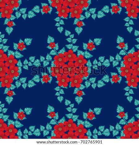 Seamless floral pattern. Background in small red flowers on a dark blue background for textiles, fabric, cotton fabric, cover, wallpaper, stamp, gift wrap, postcard.
