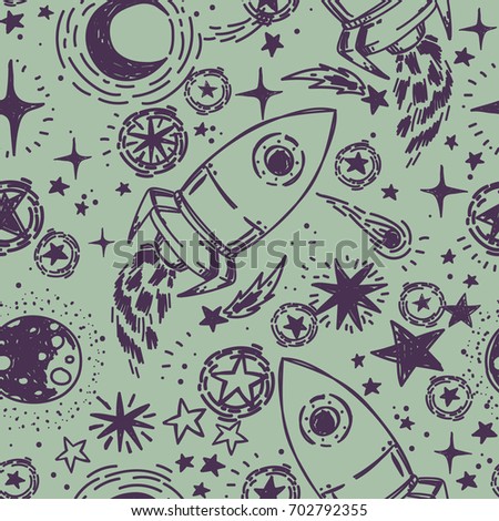 seamless pattern with sketch style stars, rockets, comets and planets, can be used for party or for space exploration program, vector illustration