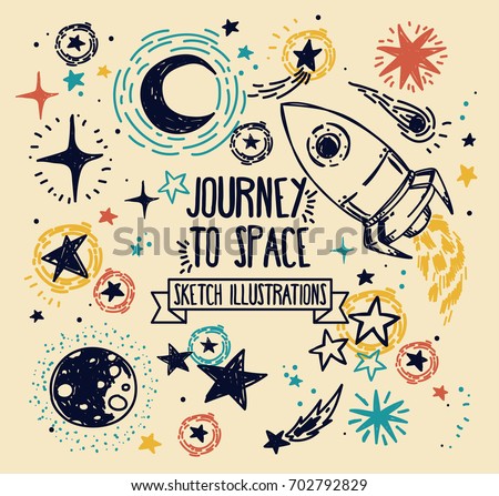 Set of sketch stars, rocket, comets and planets, can be used for party or for space exploration program, vector illustration