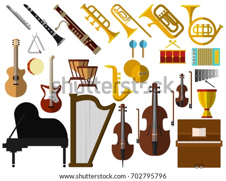 Musical instruments elements collection, flat icons set, Colorful symbols pack contains - Guitar trombone flute violin piano saxophone accordion drum. Vector illustration. Flat style design
