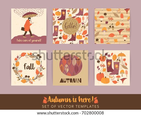 Set of autumn templates. Vector design for card, poster, flyer, web and other users. Trendy hand drawn textures.