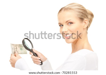 lovely woman with magnifying glass and money