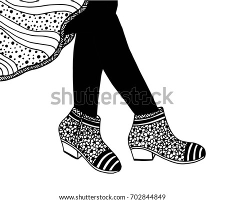 Hand drawn outline ornamental boots shoe illustration