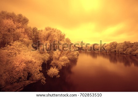 infrared photography. landscape. France. False colors. river Moselle. Metz