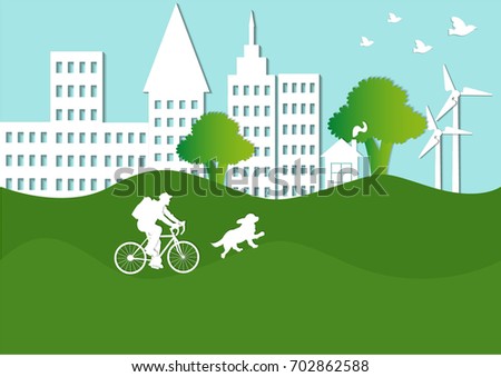 A traveler and his dog on a park background. Forest, Summer. Vector illustration. Character. Transport. Paper art.