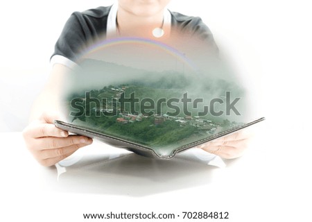 Smart kid learning. Natural phenomenon rainbow with 3D book for new experience