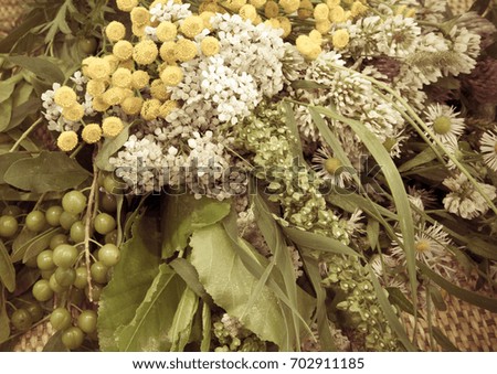Cute background with a bouquet of meadow flowers Warm atmosphere of coziness, autumn abundance, good mood. Tinted image, there is a blur, grain effect.