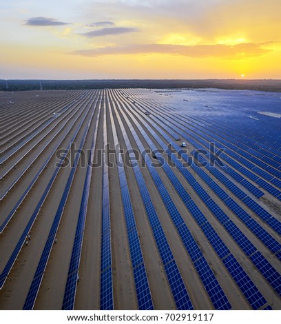 Aerial sunset when the sun solar photovoltaic