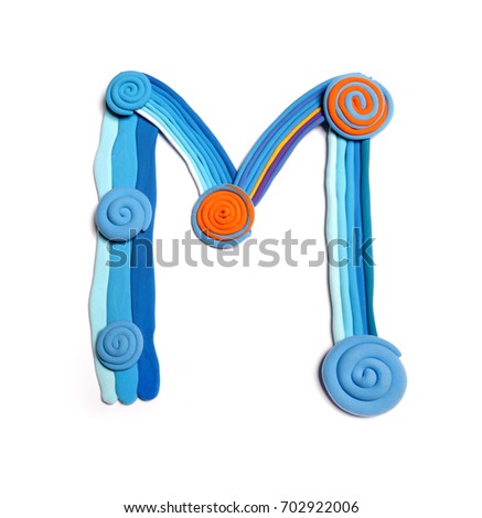 Plasticine letter M. Color plasticine alphabet, isolated. Blue and orange color of the alphabet