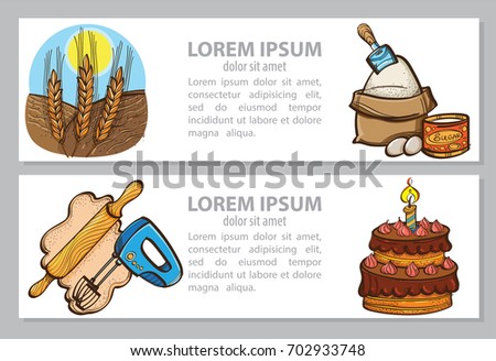 Vector colored card or banner, or booklet with rye, celebratory cake and mixer. Cooking set. Illustration isolated on beige background with place for text