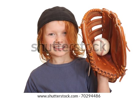 Portrait of a happy red haired girl with baseball cap glove and ball