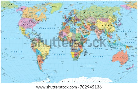 Colored World Map - borders, countries, roads and cities. Detailed World Map vector illustration.