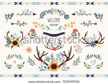 Save the date floral collection. Rustic wedding elements set with sunflower and antlers.