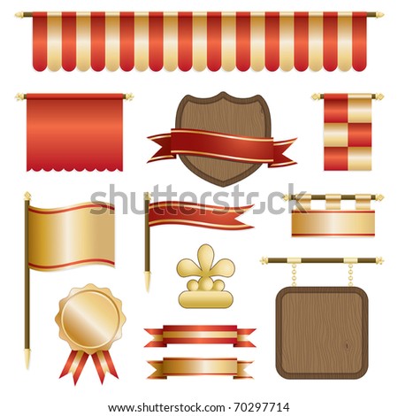 red and gold banners, flags and shields isolated on white