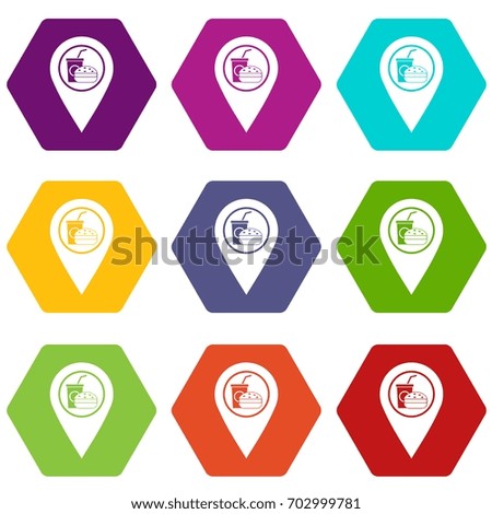 Fast food and restaurant map pointer icon set many color hexahedron isolated on white vector illustration