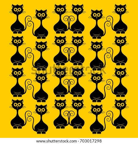 Pattern with black cats. Halloween. Vector illustration on a yellow background.