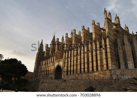Big gothic church on the sea shore. Beautiful travel picture of Spain.