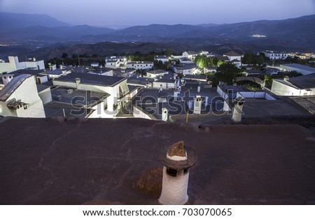 Village of Yegen at night in the Alpujarras mountains, Granada, Spain. It was home of author Gerald Brenan
