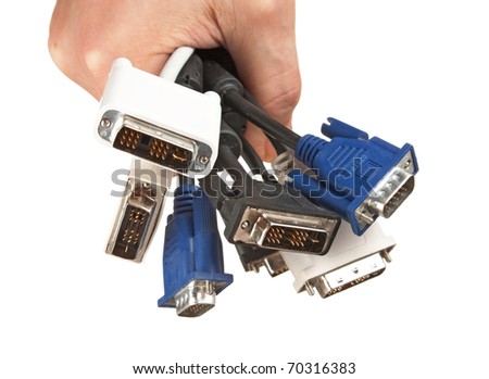bunch of computer cables with  sockets in hand isolated on a white  background