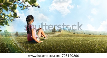 Travel as a lifestyle. A young traveller girl enjoying the mountain landscape. Tourist traveler on background view mockup. Tourism. Adventure. Hike. Background. Panorama