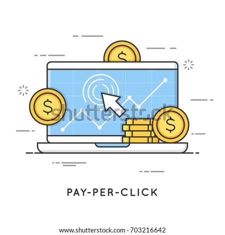 Pay per click, internet marketing. Flat line art style concept. Vector banner, icon, illustration. Editable stroke. Royalty-Free Stock Photo #703216642