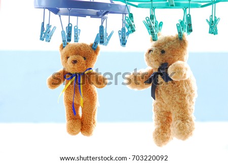 two Cloth doll bear and monkey is hanging outside after cleaning and keep Dry