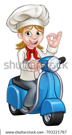 Cartoon woman chef or baker character riding a delivery moped motorbike scooter and giving a perfect okay delicious cook gesture