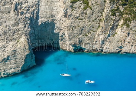 Top view of tourist boats in shipwreck bay of Zakynthos island.