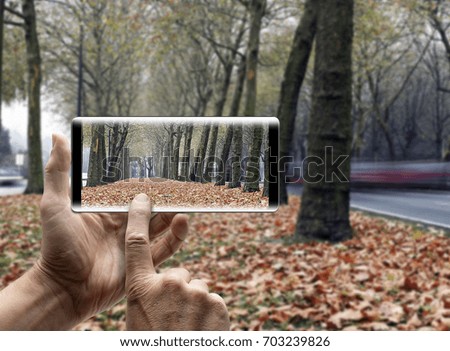 Two hands holding a mobile Smartphone and take a picture of a Path in autumn