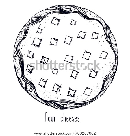 Black and white contour pattern top view of pizza. Menu page with a description of pizza.