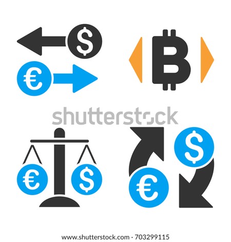 Currency Exchange vector icon set. Style is bicolor flat symbols.