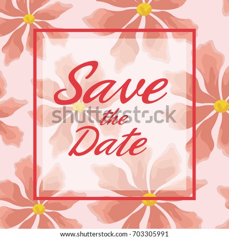 colorful card background with decorative red light blossom and square frame save the date text
